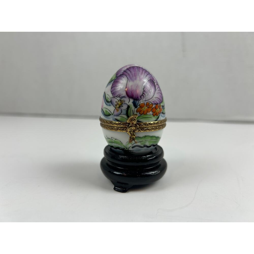 Limoges France Hand Painted Porcelain Trinket Box Egg Purple Floral Richard